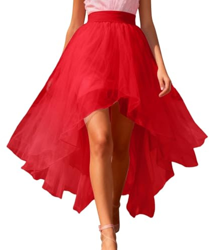 Damen Tüllrock Vokuhila Tutu Rock Asymmetrisch Lang & Regenbogen Bunt - Mehrlagig Ballett Unterrock für Karneval Fasching Halloween Party Kostüm 80er Jahre Outfit Festlich