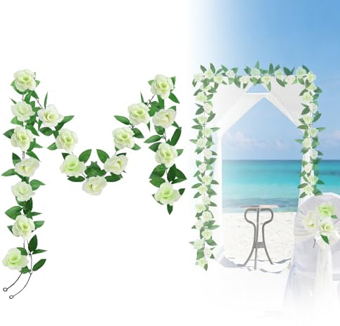 Neerow Blumengirlande Künstlich, 2 Stück 2,2 m Künstliche Rosengirlande | Mit 9 Weiß Rosen & Grünen Blättern, Blumen Girlande Deko für Hochzeit, Bogen, Party, Tischdeko & Blumenwand