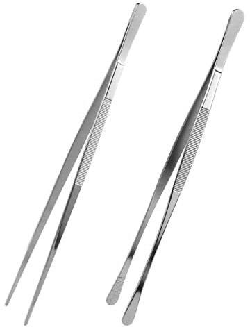 2 Pcs 12 Inch Cooking Tweezers, BBQ Tweezers Stainless Steel Food Kitchen Precision Grill with Straight and Curved Tips Long Chef Plating Tongs for Steak Fish Salad Baking Barbecue Food Handling