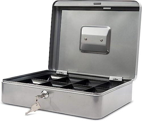 MAUL Geldkassette 4 aus Stahl | abschließbar | Münzgeld-Einsatz herausnehmbar | 30 x 25 x 8,7 cm | Kasse mit 2 Schlüsseln | geeignet als Spardose | kleiner Safe, Tresor, Trinkgeldkasse | Silber