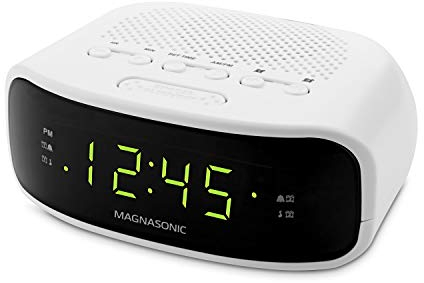 Magnasonic Digital AM/FM Clock Radio with Battery Backup, Dual Alarm, Sleep & Snooze Functions, Display Dimming Option,White (EAAC201)