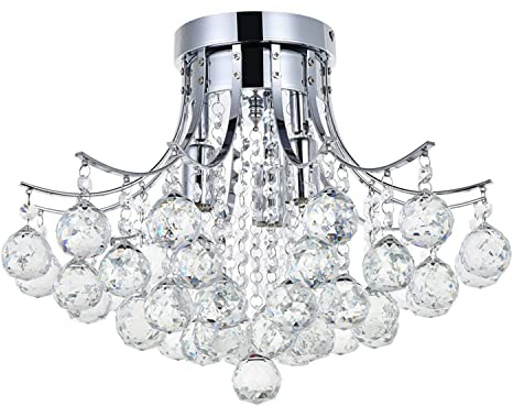 Dst Modern 3 Lights Chrome Finish Crystal Ceiling Lights Chandelier, Mini Style Flush Mount Ceiling Light Fixture for Study Room/Office, Dining Room, Bedroom, Living Room D15.7'' H12.6''