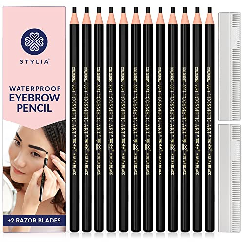 Stylia Waterproof Eyebrow Pencils For Women – Long-Lasting Microblading Supplies Brow Pencil, Perfect for Eyebrow Shaper, Filling & Defining Natural-Looking Brow - (12PC Black)