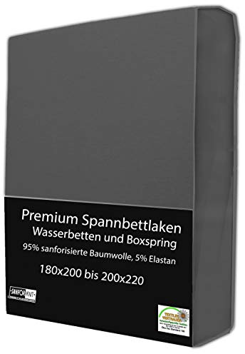 BaSaTex Bio Jersey Premium Spannbettlaken | Spennbetttuch für Wasserbetten und Boxspringbetten | 97% Baumwolle GOTS Zertifiziert + 3% Elasthan | 200x220-220x220 + 42cm Steghöhe | Farbe: Anthrazit