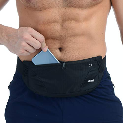 USHAKE Löpbälte herr dam ultralätt utan studs midjeväska fitness träning sport midjeväska för iPhone Samsung LG löpning gym maraton, svart, Talla única