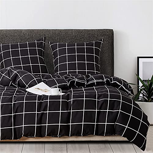 Boqingzhu Bettwäsche Kariert 135x200cm Schwarz Weiß Karo Modern Bettwäsche Set Microfaser Einzelbett Bettbezug und Kissenbezug 80x80cm mit Reißverschluss