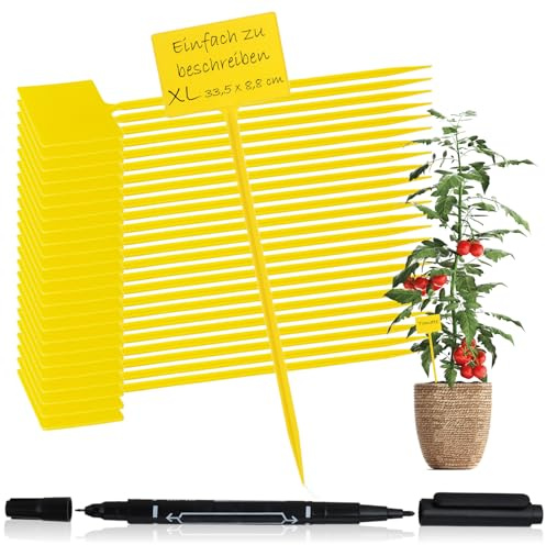 com-four® 25x Letreros para Plantas con Marcado de Doble Extremo - Letreros de Enchufes para Balcones, Jardines - Estacas para Plantas para Etiquetar 33,5 cm (25 piezas - amarillo - 33,5cm)