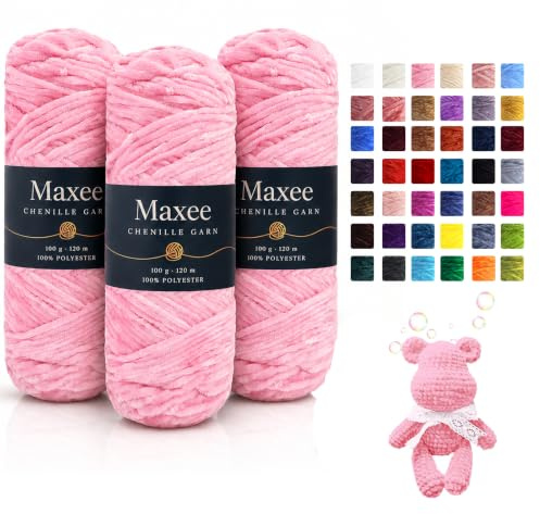 Maxee Chenille Wolle zum Häkeln,300g weiches Häkelgarn,03-Hellrosa | Weiche Wolle zum Häkeln und Stricken aus 100 % Polyester; samtiges Chenille Garn für Amigurumi, Decken, Schals und Kissen