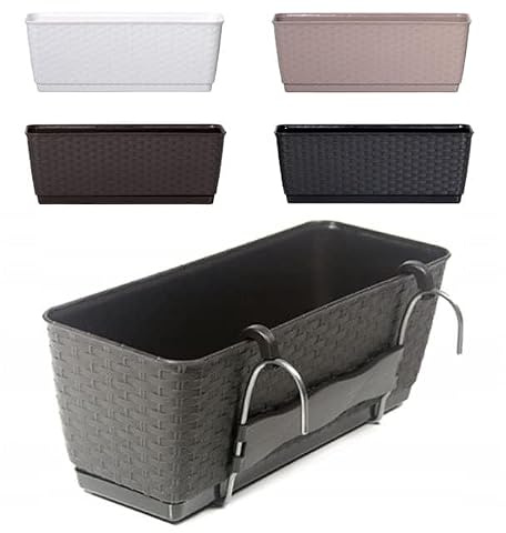 rgvertrieb Blumenkasten Geländerkasten Balkonkasten mit Aufhänfung Hängetopf Blumentopf 10L Rattan Optik 59cm Ratolla Untersetzer Bewässerung (Weiß)