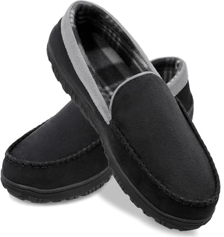 shoeslocker Men's Slippers Bedroom House Slippers Indoor Outdoor Mens Shoes Plaid Black Size 10