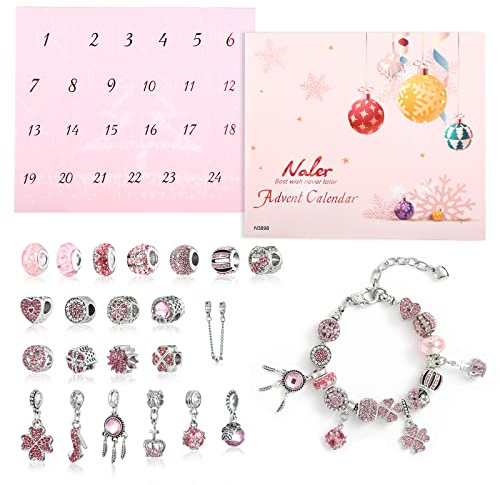 Naler Calendrier de l'Avent Bijoux 2026 Femme Fille Enfant Advent Calendar avec Bracelet Chaîne Perles Alliage DIY Cadeau Noel Ado Fille 6 7 8 9 10 11 12 Ans Rose