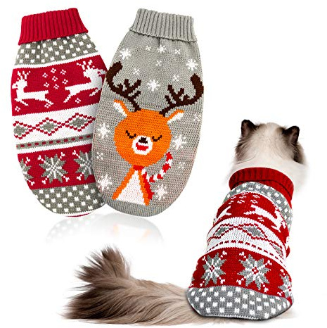 HYLYUN 2 Stück Katzenpullover, Weihnachtskostüm für Katzen & Hunde, M | Pullover für Katzen, Wintermantel Warmhalten, Hand- und maschinenwaschbar, Rentier- & Schneeflockenmotive, für kleine Hunde