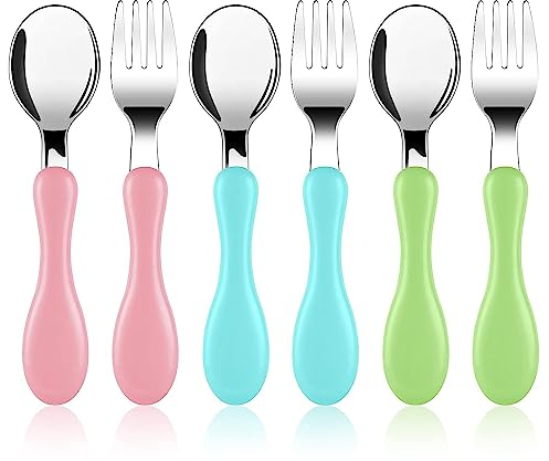 Vicloon Baby Gabel und Löffel Set,6-teiliges Babylöffel Gabel, Edelstahl Löffel, Selbsternährende Lernutensilien, Kinder Baby Edelstahl Geschenk-rosa+blau+grün