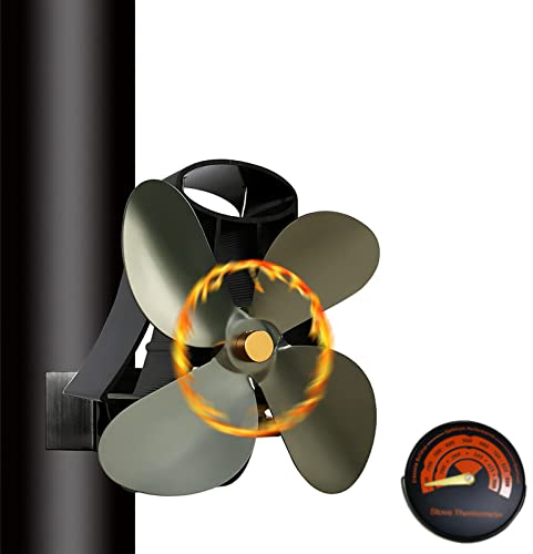 Ofenventilator, Kaminventilator, Ohne Strom Leiser 4 Flügel Magnetisch Wärmebetriebener Kaminventilator Mit Thermometer Für Holz Brennholz Feuerstelle Ofenrohr Pelletöfen Gasöfen,Grau