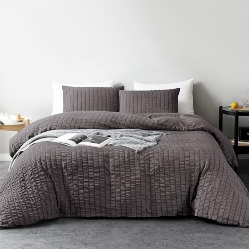 My home store Seersucker Charcoal King Size Duvet Cover Sets with 2 Pillowcases – Soft Breathable 3 Pcs Quilt Cover Polyester Cotton Bedding Set