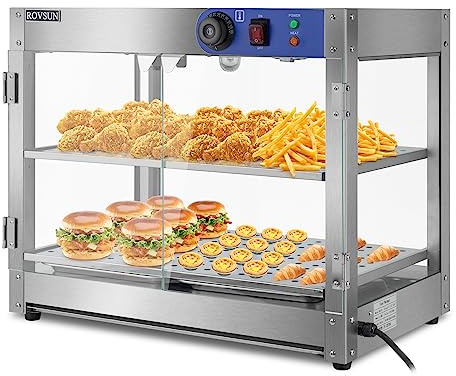 ROVSUN 2-Tier Food Warmer Pizza Warmer, Commercial Food Warmer Display with LED Lighting Removable Shelves Glass Door, Electric Countertop Food Warmer for Buffet Restaurant 110V 800W