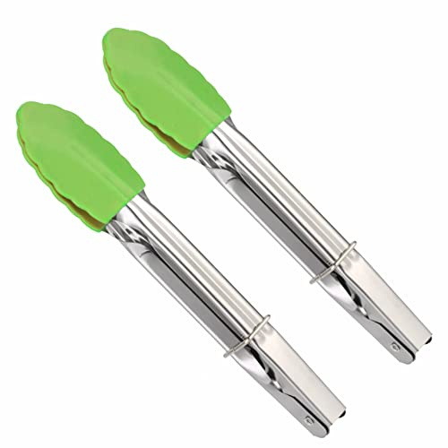 SUL Kitchen Tongs Stainless Steel Kitchen Silicon Tongs Cooking Tongs for Grilling Frying with Silicon Tips for Cooking, Serving, Buffet Serving Tongs, Salad Tongs (7 inch -18cm) (Green, 2)