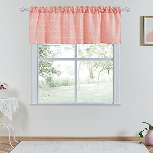 Devola Scheibengardine Leinenoptik Bistrogardine mit Stickerei Kurzgardinen Halbtransparent Küchengardinen Landhausstil Vintage Cáfe Gardine BxH 120x60cm Rosa 1 Stück