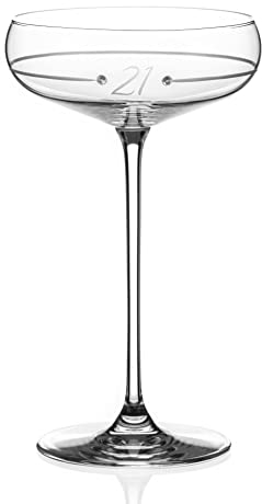 DIAMANTE Swarovski 21st Birthday Ring Champagne Saucer – Single Crystal Champagne Cocktail Coupe Glass with Hand Etched 21 and Swarovski Crystals – Gift Boxed