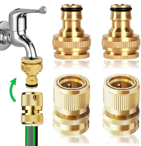 Uni-Fine - 2 paia di connettori rapidi per tubo da giardino 2 in 1 da 1/2 e 3/4, connettore rapido in ottone per tubo da giardino, kit di collegamento per cucina e giardino