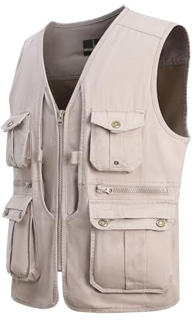 MeiLayM Herr Utomhus Fiske Fritidsväst Andningsbar Lätt Väst Ärmlös Camping Väst Väst Flera Fickor Vandring Utility Väst, B_Beige, XXL