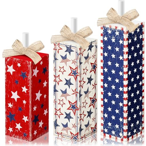 Redbaker 3 Pcs 4th of July Wood Star Sign, Red White Blue Table Decor