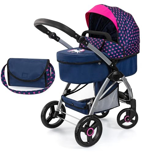 Bayer Design 17554AA Carrozzina per bambole City Max con borsa, altezza regolabile, ruote anteriori piroettanti, trasformabile in passeggino, cestino integrado