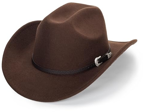 KorhLeoh Westernhut für Damen und Herren, Cowboy-Hut aus Kunstfilz, breite Krempe, Westerngürtel, Schnalle, Panama-Fedora-Hut, Kaffee, 7-7.25