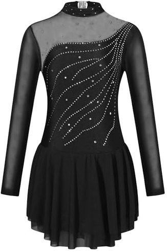Freebily Kinder Mädchen Tanzkleid Langarm Glitzer Mesh Spleiß Eiskunstlauf Ballett Trikot Gymnastik Kleid Mit Strass Wettbewerb Tanzkleidung Gr.98-176 Schwarz 134-140