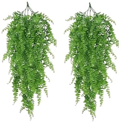 Tugeem Artificial Hanging Plants Faux Bosten Fern Fake Trailing Plants for Outdoor Indoor, Plastic Green Ivy Vines for Outside Garden Hanging Baskets Home Wall Decoration (2PCS)