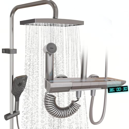 Thermostatic Shower System, Bathroom Shower Faucet Set with LED Digital Display, Shower Systems with Rain Shower Head, Handheld Set, Tub Spout, Bidet Sprayer, Bathtub Shower Combo Set (Grey2)