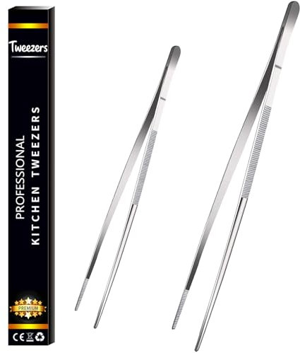 Gloryor® Pinzette da cucina in acciaio inox, 2 pezzi, pinzette lunghe, pinzette da cucina, pinzette da cucina, pinzette per carne, pinze da cucina, pinze da cucina, pinze per barbecue, accessori da
