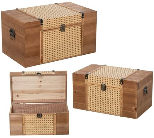 DRW Set di 3 bauli in legno e vimini in naturale 56x30x34 cm