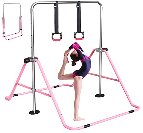 FBSPORT Barra de Gimnasia, Barra Horizontal Plegable, Equipo de Gimnasia para Entrenamiento en Casa, Barra de Entrenamiento de Gimnasia Expandible Junior con Altura Ajustable para Niñas Rosa