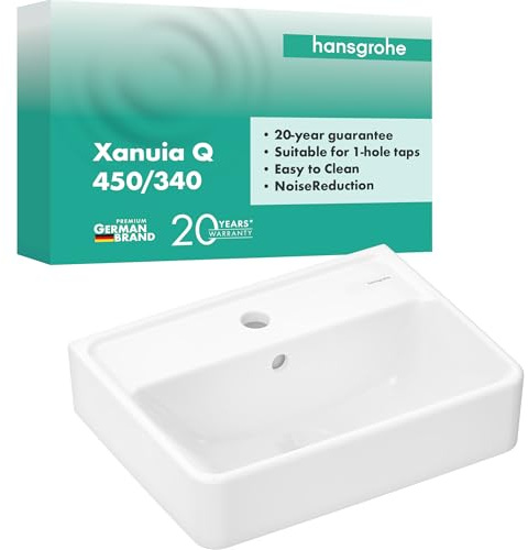 hansgrohe Xanuia Q - Handwaschbecken, kleines Waschbecken 450 x 340 x 105 mm mit Hahnloch und Überlauf, Waschbecken Gäste WC wandhängend, Weiß, 60130450