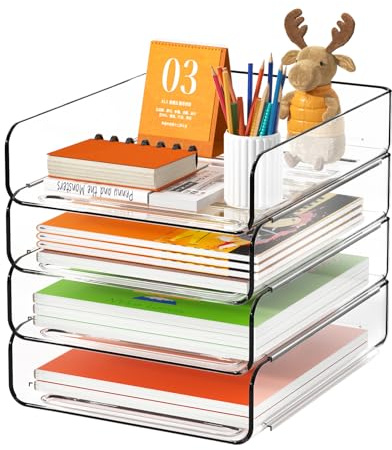 FANXIYQ 4-Tier Acrylic Paper Tray Organizer | Clear Stackable Desk Organizer for Documents, Letters, A4 Paper | Modern Office/Classroom/Home Organization