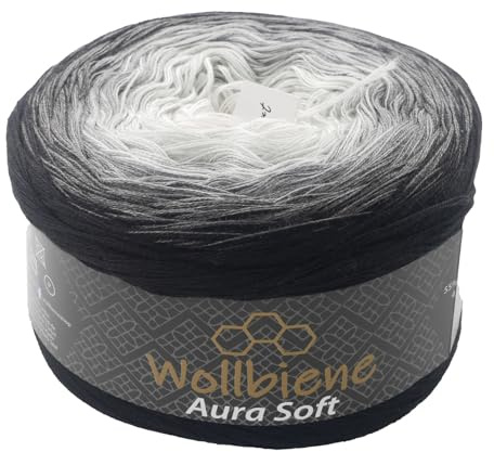 Wollbiene Aura Soft Farbverlaufsgarn 250g - 1000m - 4 Fädig gefacht Bobbel Strickwolle Häkeln Bobbel Wolle Farbverlauf, Strickwolle Mehrfarbig (701 schwarz grau weiß)