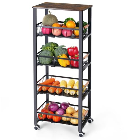 Mythinglogic 5-Tier Rolling Fruit Vegetable Storage Cart with Pull-Out Baskets, Metal Kitchen Organizer, Heavy Duty Utility Rack with Wheels for Pantry, Living Room, Kitchen