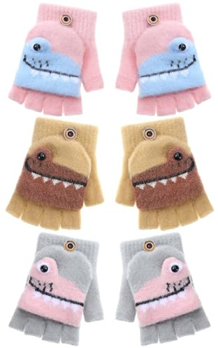 Geyoga 3 Guantes sin Dedos Invierno Niño Medio Dedo Convertibles Cierre Abatible 5-10 Años(Gris, Amarillo, Rosa)