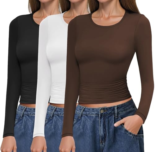 Ekouaer Base Layer Maglia Termica Donna Girocollo Intimo Termico Autunno Termico Top da Donna Nero+Bianco+Marrone S
