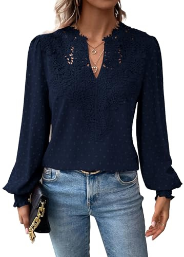 TUUHAW Camicia Donna Autunno Scollo a V Casual T-Shirt con Volant Manica Lunga Boho Top Allentate Maglietta Elegante Blusa Vintage Pizzo Camicetta Tinta Unita Classico Abbigliamento Blu Scuro XL