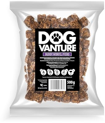 Dogvanture Buddy Snack 99% Pferd Würfel Maxi 500g Großpackung | Monoprotein Hundeleckerli für größere Hunde | Getreidefrei, Zuckerfrei | Barf-inspiriert | 1,5cm extra griffig