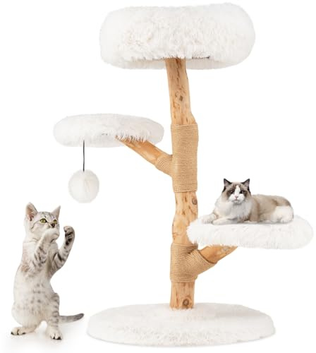 GYMAX Arbre à Chat 105cm, Tronc en Bois Massif Naturel, Revêtu de Peluche Longue, Perchoir Confortable & Griffoirs & Jouet Balle Suspendue & Kit Anti-Basculement (Blanc)