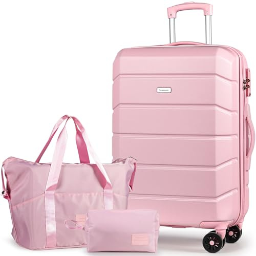 H.yeed Luggage Sets of 3 Piece, Lightweight Trolley Travel Suitcase Set ABS Hard Shell with 4 Spinner Wheels TSA Lock for Man Women, 24 + Duffels Bag & Toiletry Bag, Pink