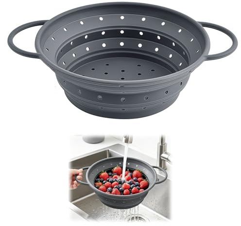 1 Piezas Escurridor Colador Plegable de Silicona 28 cm, Color Gris Escurridor Colador, para Verduras, Frutas y Pasta, Resistente Al Calor, Fácil Almacenaje, Perfecto para Cocina y Camping