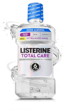Listerine Total Care Extra Mild Mundspülung Alkoholfrei, 500 ml | Extra milde Mundspülung ohne Alkohol, mit ätherischen Ölen & Fluorid, 6 in 1 Wirkung mit Kariesschutz und Plaque-Reduktion