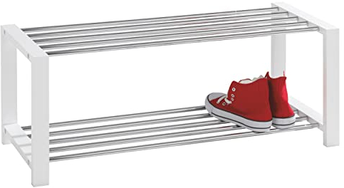 Schuhregal mit 2 Ebenen für 8 Paar Schuhe - 80 cm breit - Holzwerkstoff - Metall - Chromfarben - Weiß - Schuhbank Schuhschrank Schuhablage Schuhständer Schuhaufbewahrung