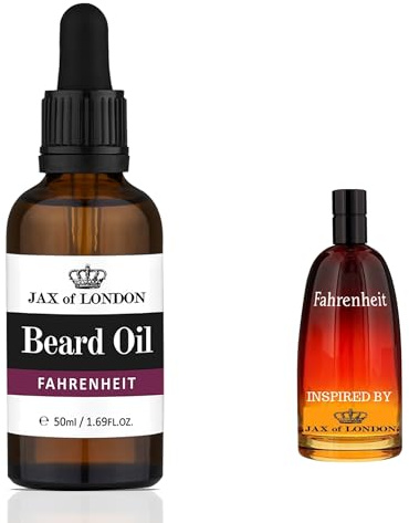 Jax of London Huile barbe Fahrenheit pour homme, huile de soin pour la barbe, huile de croissance pour la barbe pour homme, composée de vitamine E, d'huile d'amande d'huile de jojoba, parfum luxueux