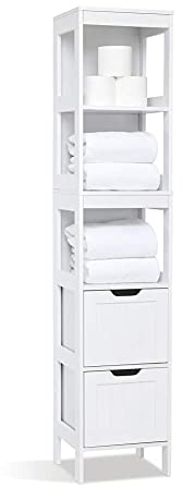 Mondeer Badschrank Hochschrank, Badezimmerschrank Schmal mit 2 Schubladen und 3 offenen Regal, 30 x 30 x 144 cm Weiß Lack Badmöbel aus MDF, für Badezimmer Küche Wohnzimmer