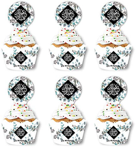 SWYOUN 24sets Eid Mubarak Cupcake Wrappers and Toppers Ramadan Party Supplies Eid Party Decoration(Black)